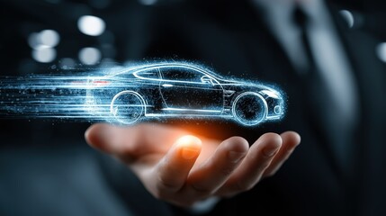 Business - suited hand holding holographic particle car light model with blue - white speed trail, showcasing smart vehicle tech for auto tech & intelligent mobility promotion materials
