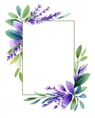 minimal watercolor floral frame with lavender and eucalyptus, soft purple color palette, empty center, white background, elegant botanical design