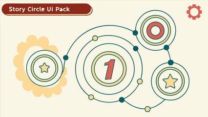 Illustration of circles connected by lines with dots and icons including stars and a gear shape design