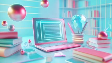 Modern digital workspace with glowing laptop, books, and globe