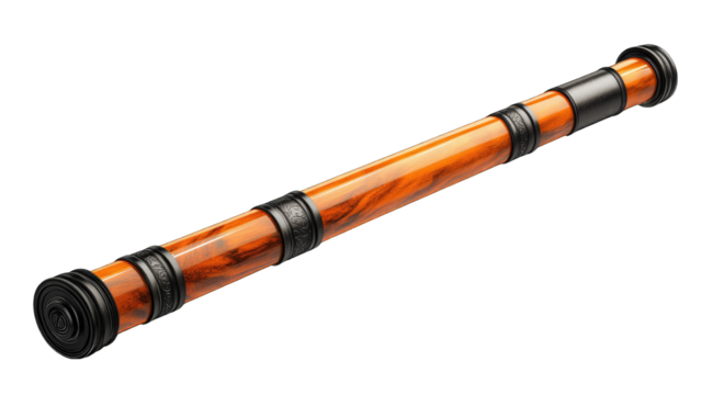 Sleek, segmented rod tube with a rich, marbled orange and black finish.  Metallic end caps add a touch of elegance