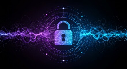 Futuristic digital security concept with a lock icon centered in a tech interface, surrounded by abstract blue and purple data streams.