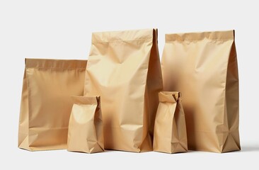 Blank craft plastic pouch, silver and white packages, mylar bags isolated for coffee or food, cosmetic products, snack, candy. Different sizes, mock up. white background.