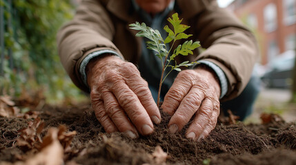Elderly person planting young tree in rich soil, showcasing care and connection to nature