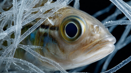 Entangled fish caught plastic debris, showcasing impact of pollution marine life. captures delicate features of fish