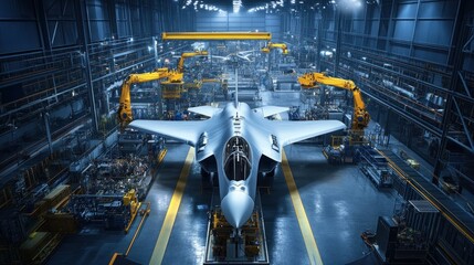 Modern jet aircraft assembly line.  Advanced robotic arms work on a fighter jet in a large hangar.  High-tech manufacturing facility