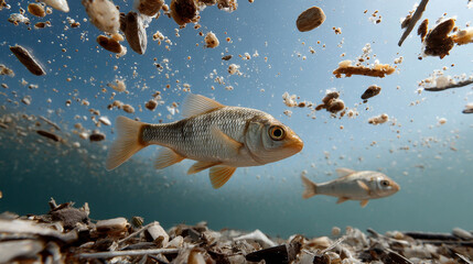 Small fish swimming in clear water surrounded by microplastics and debris, showcasing impact of pollution on aquatic life