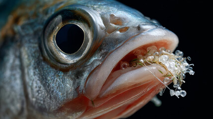 Microplastic pollution is evident in this close up of fish with debris in its mouth, highlighting environmental concerns
