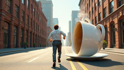 Man in business attire running on city street towards oversized coffee cup, showcasing surreal urban scene with steam rising, blending reality and imagination in a whimsical environment