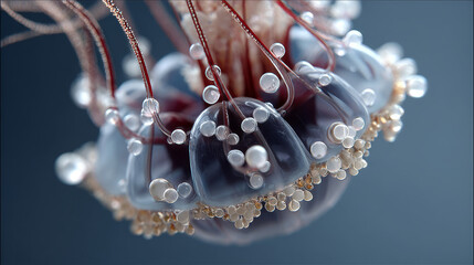Microplastics suspended jellyfish tentacles create striking visual of marine life. This captures delicate structure