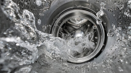 Washing machine water splashes create dynamic movement and energy, showcasing beauty of fluid dynamics and cleanliness