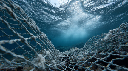 Underwater fishnet entangled coral, showcasing impact of pollution marine life. serene blue water contrasts with net texture