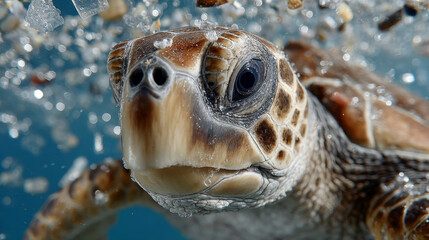 Sea turtle swimming gracefully through water, surrounded by microplastics, showcasing impact of pollution on marine life