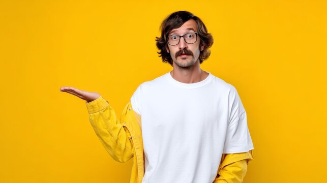 Man with a mustache and glasses is pointing to something. He is wearing a white shirt and a yellow jacket