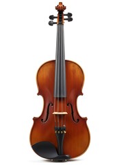 Obraz premium Classical string instrument, an old wooden violin with a bow, isolated on a white background