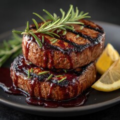 Two grilled steaks, glistening with a dark red sauce, topped with fresh rosemary, served on a dark plate with lemon slices