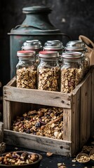 wooden crate of homemade granola jars.