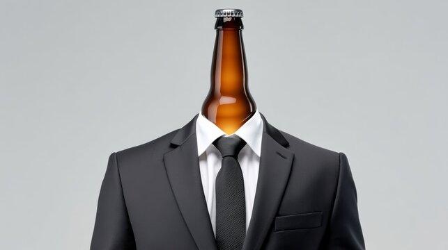 Man's head is shown with a bottle of beer on top of it. The image is a creative and humorous take on the concept of a man in a suit. Scene is lighthearted and playful