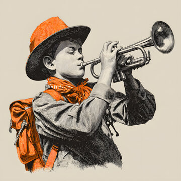 Young Boy Scout bugler sign. Vector Illustration.