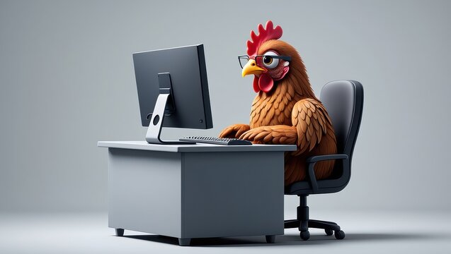 Cartoon chicken character wearing glasses, sitting at a desk with a computer, engaged in work, showcasing a humorous take on office life and the blending of animals with technology