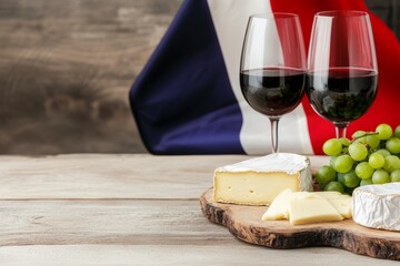 French cheese platter with red wine glasses and green grapes, set against a backdrop of the national flag, celebrating culinary traditions and patriotic gatherings, French Flag Day, Republic Day,