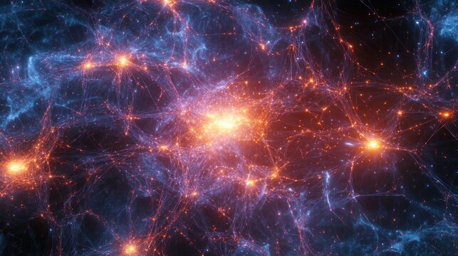 Abstract network of glowing energy points.  Interconnected luminous nodes form a complex web