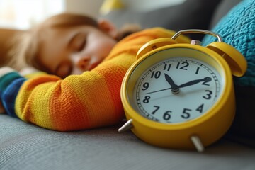 Daytime Nap. Tired Schoolgirl Resting Next to Alarm Clock