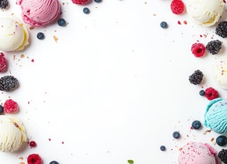 colorful ice cream with berries and chocolate in waffle cones, top view on white background