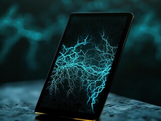 A tablet displaying vibrant blue lightning patterns on a dark background
