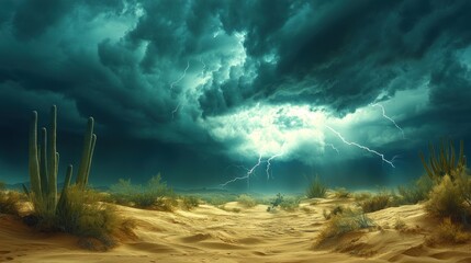 A dramatic thunderstorm over a desert, with bright lightning cracking across the sky, casting eerie light over the sand dunes and cacti below.