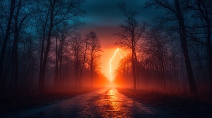 A forest during a thunderstorm, with the trees standing out against a dark and stormy sky, and bright lightning flashing across the horizon, creating eerie shadows.