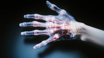 A translucent robotic hand with visible joints and circuitry extends gracefully against a dark background