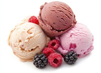 colorful ice cream with berries and chocolate in waffle cones, top view on white background