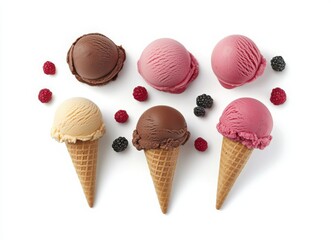 colorful ice cream with berries and chocolate in waffle cones, top view on white background