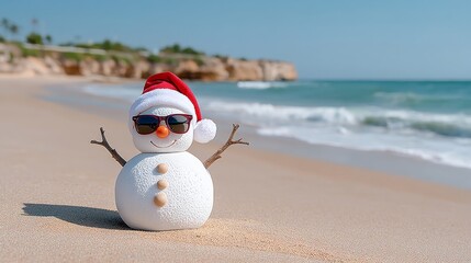 Snowman with sunglasses on a beach. Scene is lighthearted and fun