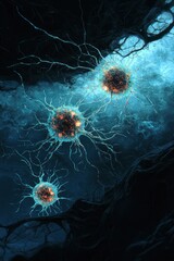 Floating luminous orbs connected by glowing tendrils in a dark mysterious atmosphere