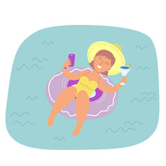 Playful vector with woman on inflatable float, enjoying summer with bright colors. Suitable for travel ads, seasonal banners, and lifestyle graphics.