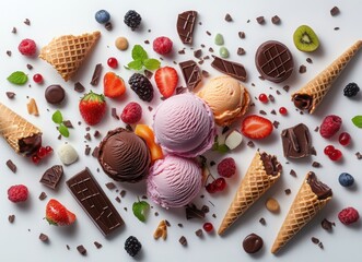colorful ice cream with berries and chocolate in waffle cones, top view on white background