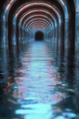 An illuminated tunnel stretches into darkness with water reflecting its colorful lights
