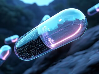 Futuristic capsules with glowing circuits soar through a misty landscape