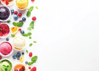 colorful ice cream with berries and chocolate in waffle cones, top view on white background