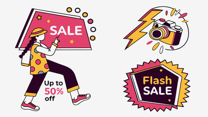 Fototapeta premium Illustration featuring a woman with a sale sign, camera with lightning bolt, and a flash sale badge design