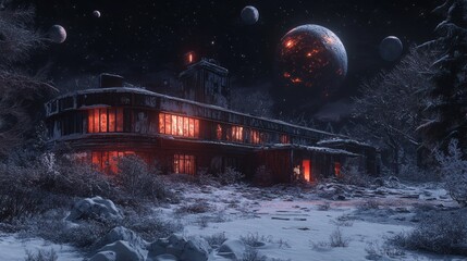 A crumbling industrial building with broken windows, casting eerie shadows illuminated by red lights, is located against the background of a glowing alien planet with many moons.