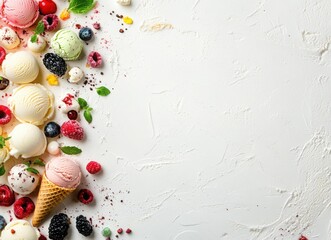 colorful ice cream with berries and chocolate in waffle cones, top view on white background