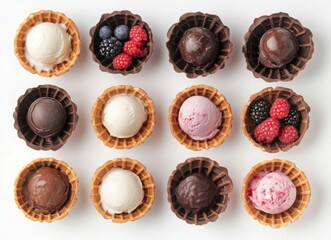 colorful ice cream with berries and chocolate in waffle cones, top view on white background