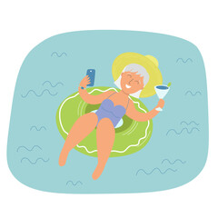Colorful vector with old woman on green pool float, holding a drink and phone, wearing sun hat and shades. Ideal for holiday ads, senior travel promotions, and summer fun designs.