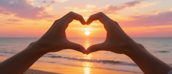 Hands Forming a Heart Shape Against a Sunset Over the Ocean