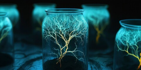 Luminous trees glow ethereally inside glass jars creating a mystical atmosphere