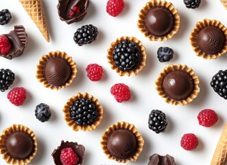 colorful ice cream with berries and chocolate in waffle cones, top view on white background