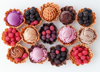 colorful ice cream with berries and chocolate in waffle cones, top view on white background